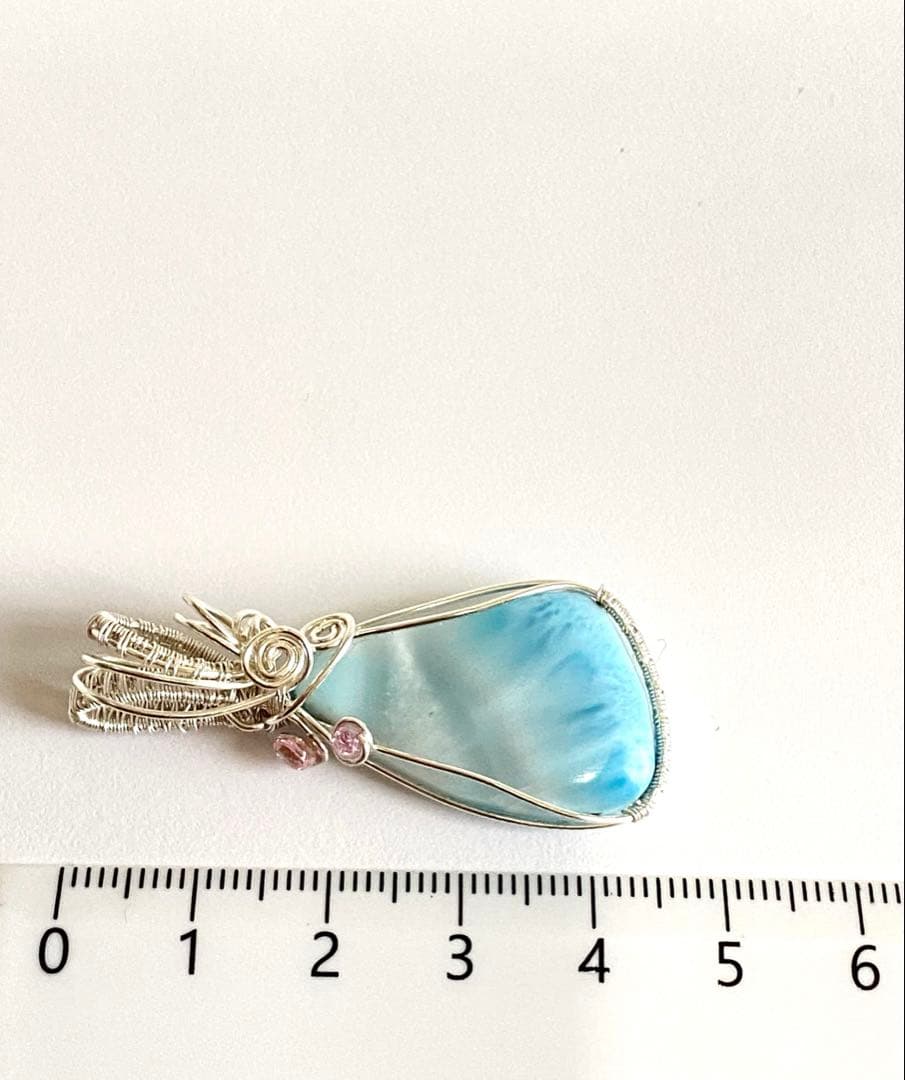 【極美品】天然石ラリマー＊ワイヤーアートペンダントトップ　海模様　ハンドメイド