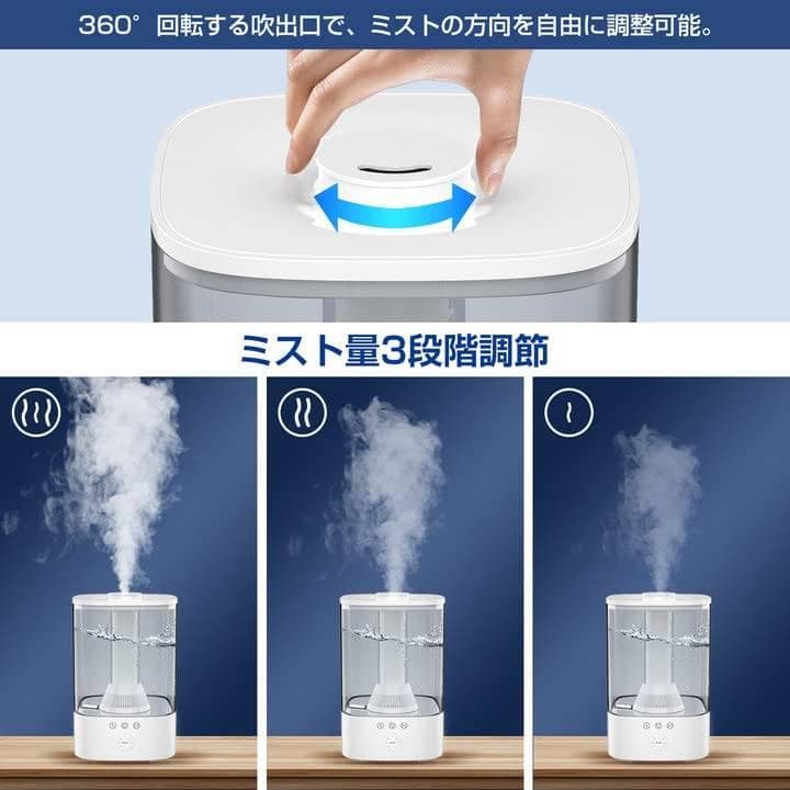 3段階ミスト調節 超音波加湿器 抗菌カートリッジ付き