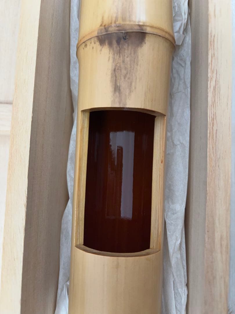生野徳三 白竹掛筒華入 白竹歌華筒 内朱塗 華入れ 全長約136㎝ -483-