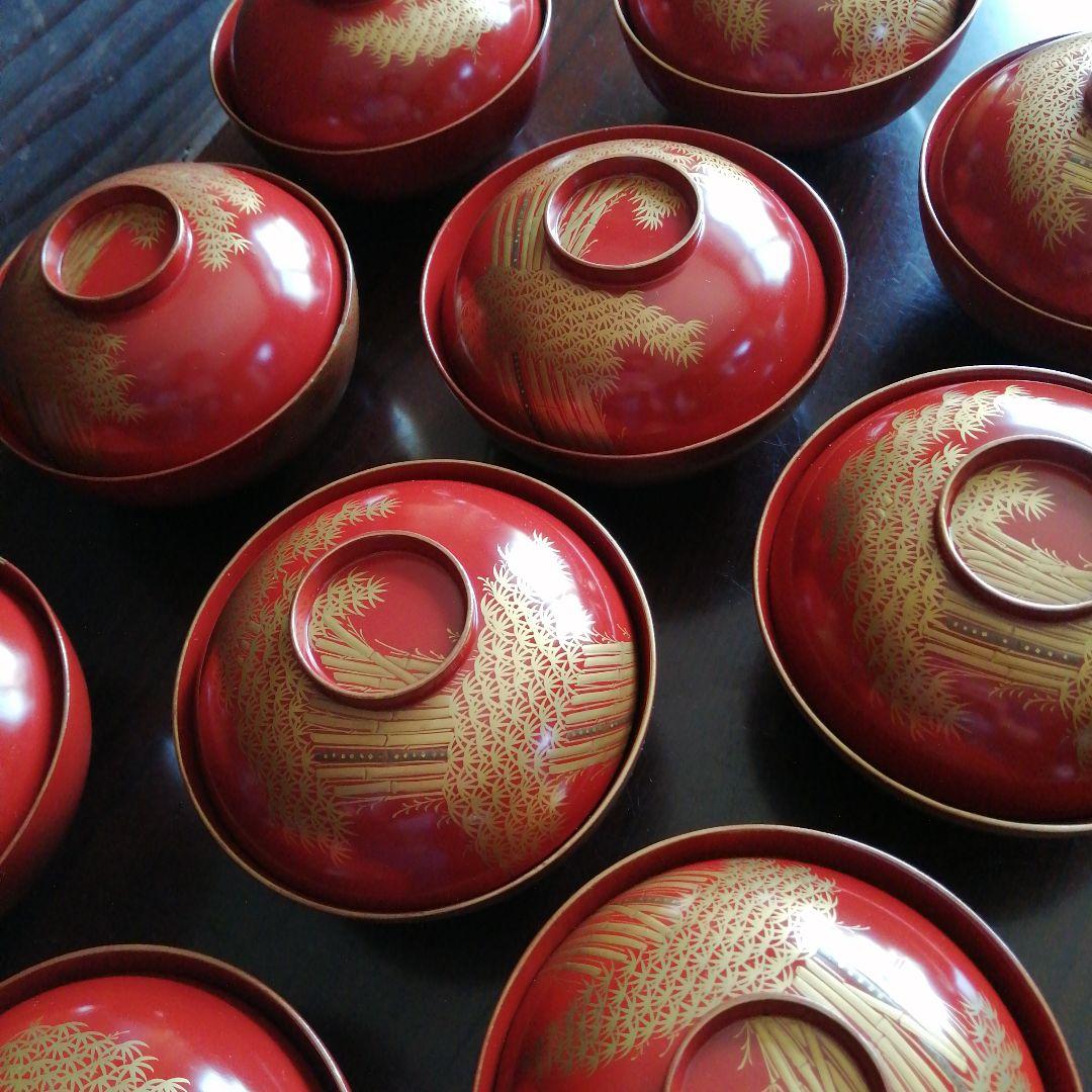 木製漆器　朱塗竹林雀画蓋付椀　10客　12.5cm　【やや小カケ多し】