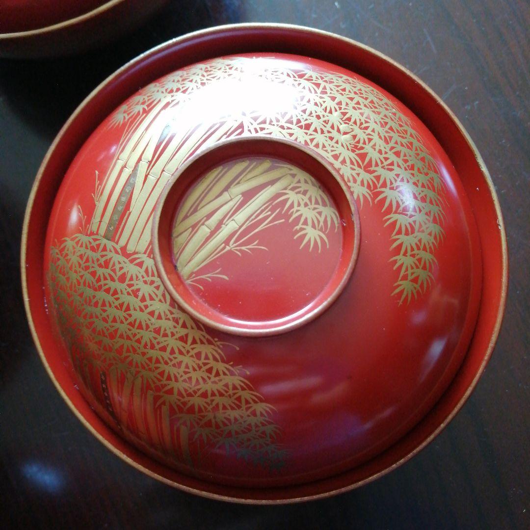 木製漆器　朱塗竹林雀画蓋付椀　10客　12.5cm　【やや小カケ多し】