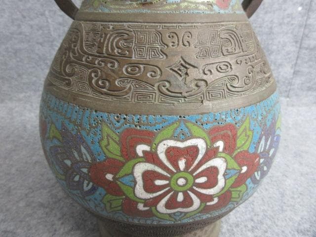 古七宝琺瑯彩花文双獣耳花瓶 [B28687]