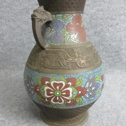 古七宝琺瑯彩花文双獣耳花瓶 [B28687]