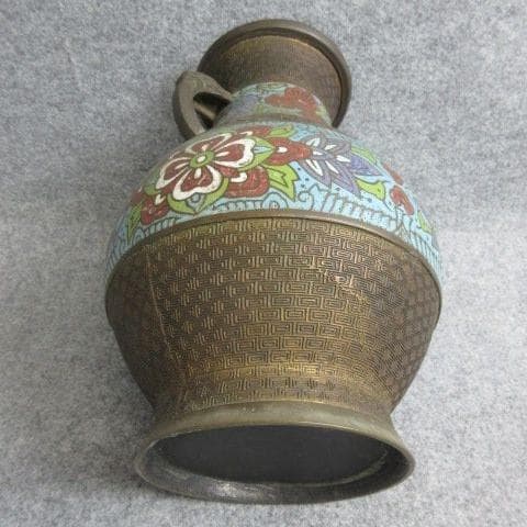 古七宝琺瑯彩花文双獣耳花瓶 [B28687]