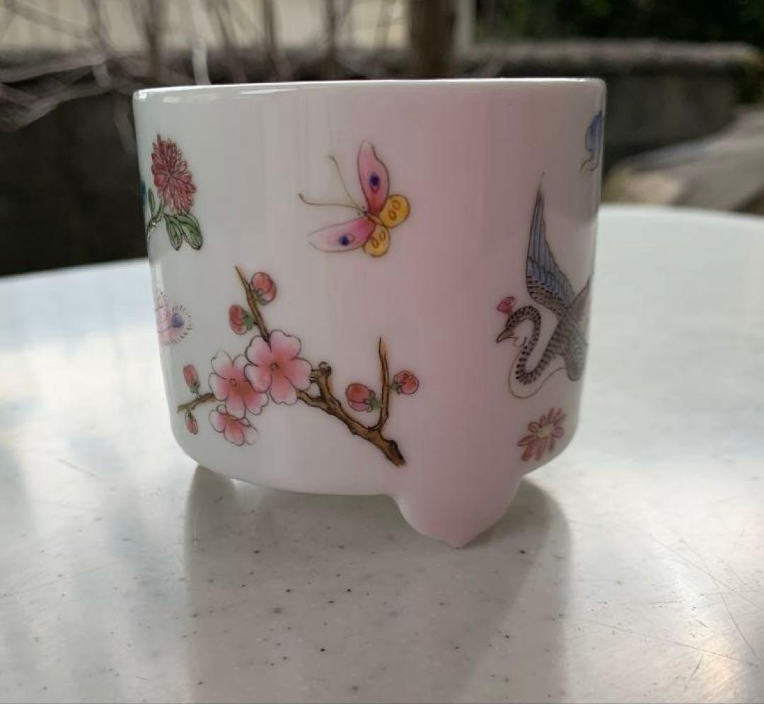 中国　江西省　景徳鎮　粉彩色絵　花鳥模様 香炉　香炉灰