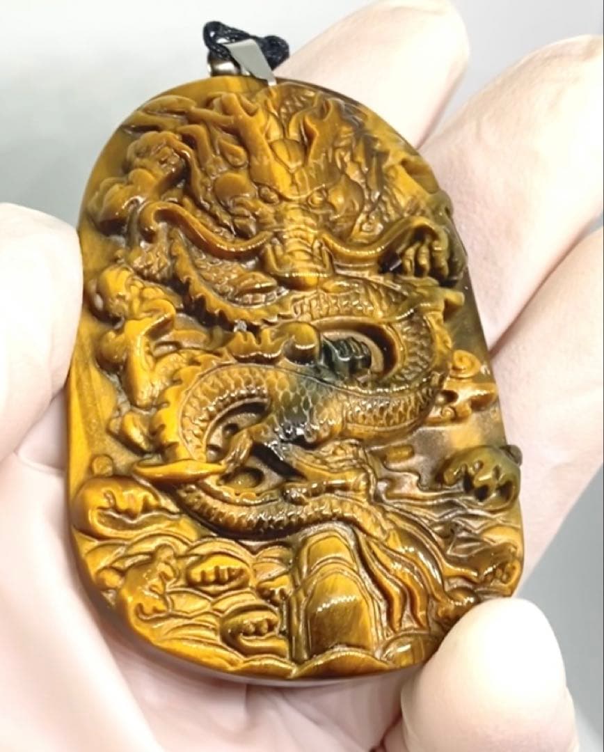 ブルーゴールドタイガーアイ 高浮彫り龍ペンダント ネックレス 高品質 天然石 龍