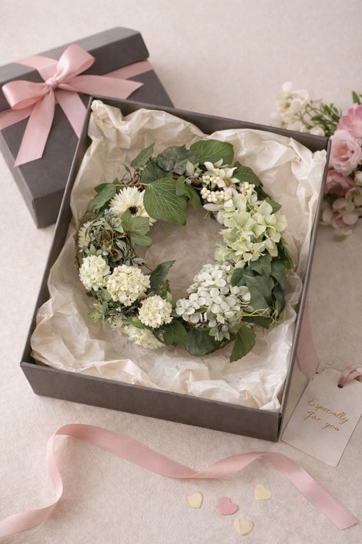 ナチュラルリース 25cm 造花 グリーン ホワイト 玄関 壁掛け ハンドメイド