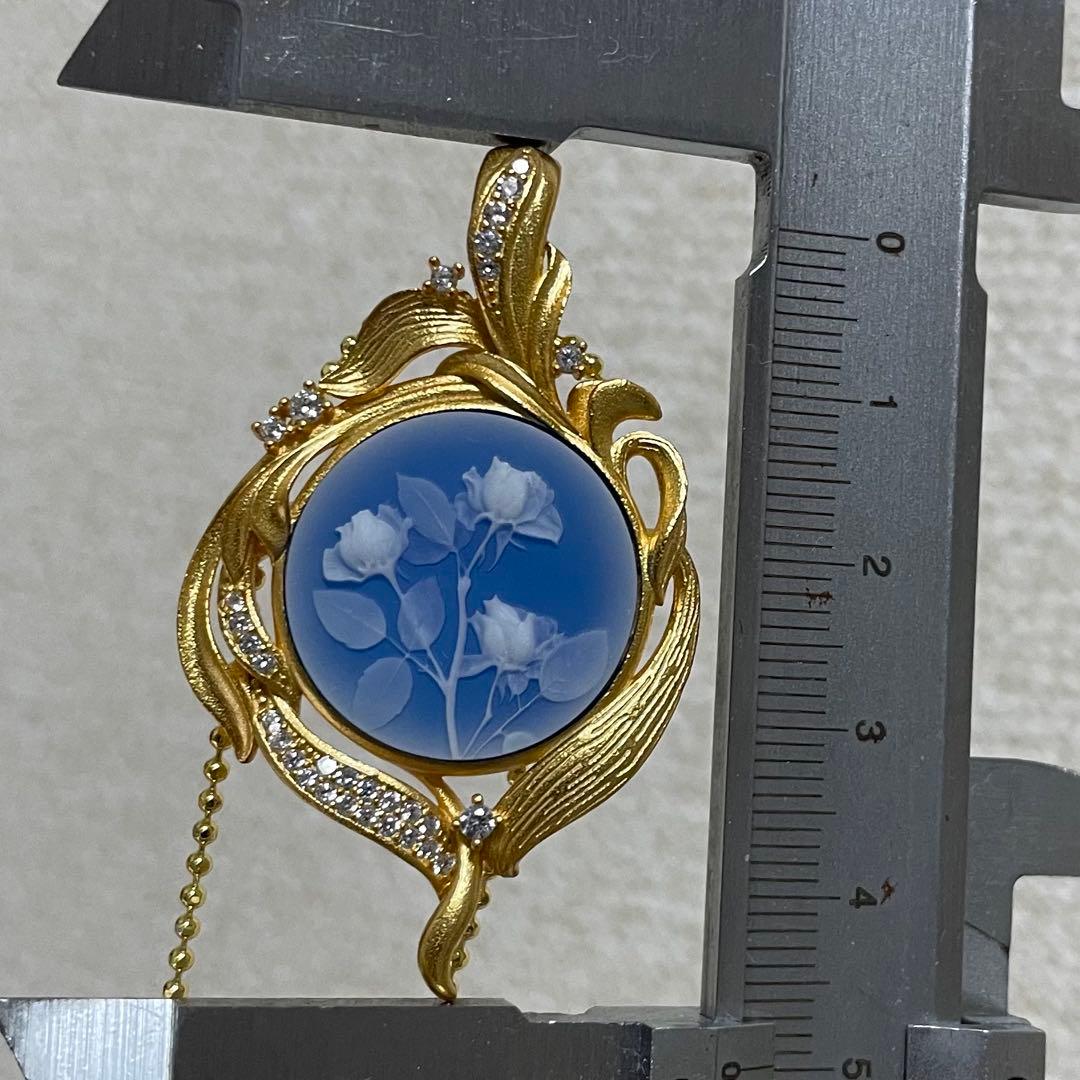 天然石ネックレス　カメオ　青　ローズの花　20mm SV925刻印