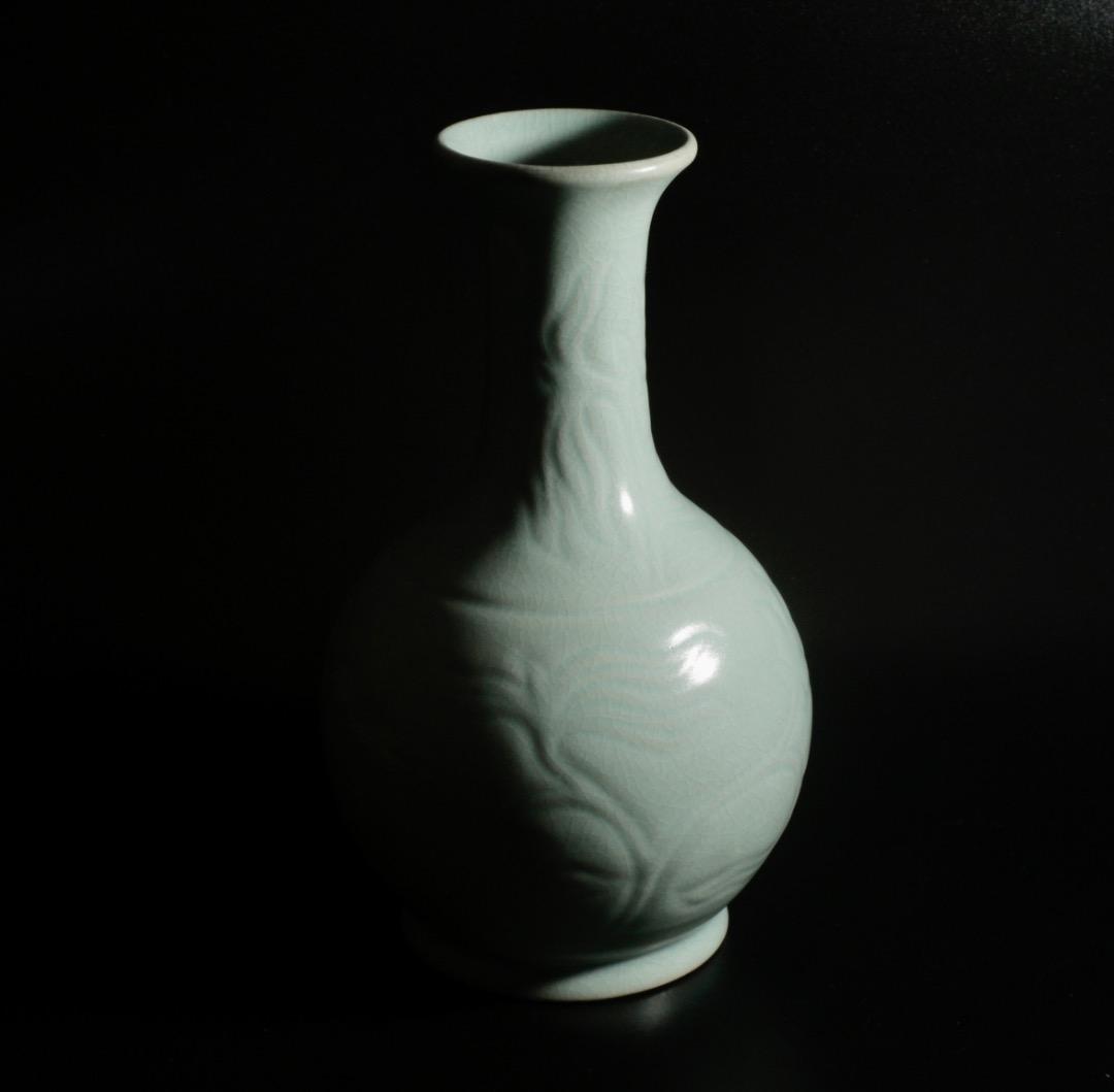 中古 青磁刻花 鹅頸瓶 汝窯風 花瓶 中国美術 宋様式 約20cm CL0033