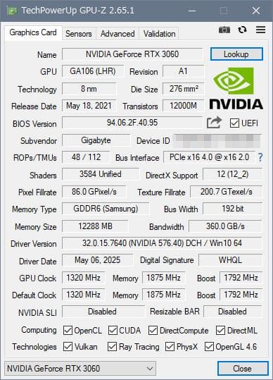 中古 GIGABYTE RTX3060 12GB GDDR6 グラボ