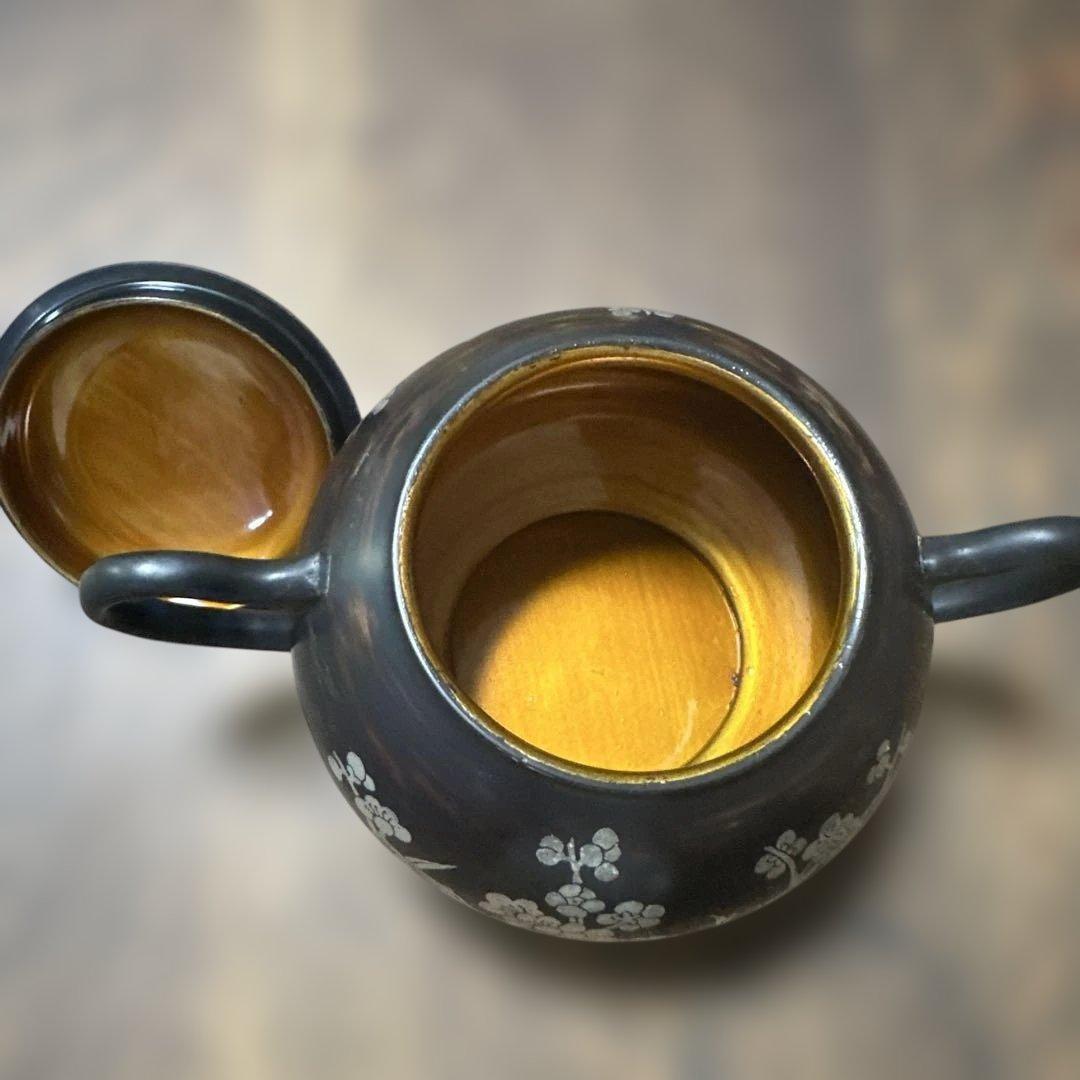 中国　ヴィンテージ　漆器 茶器セット 黒と金 花模様