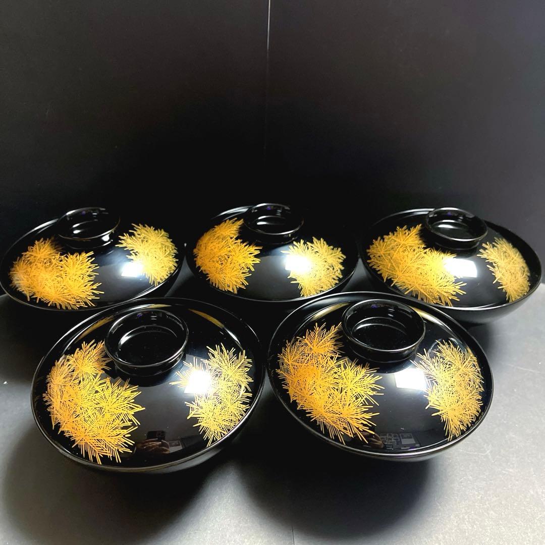 【越前漆器　御吸物×5客】天然木製　根引き松　蒔絵　黒塗
