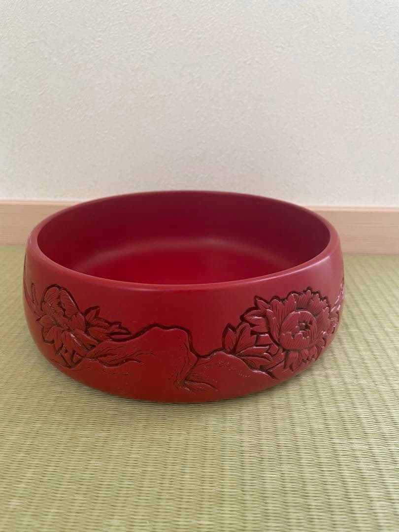 村上木彫堆朱 菓子器 蓋付 牡丹図 昭和 伝統工芸
