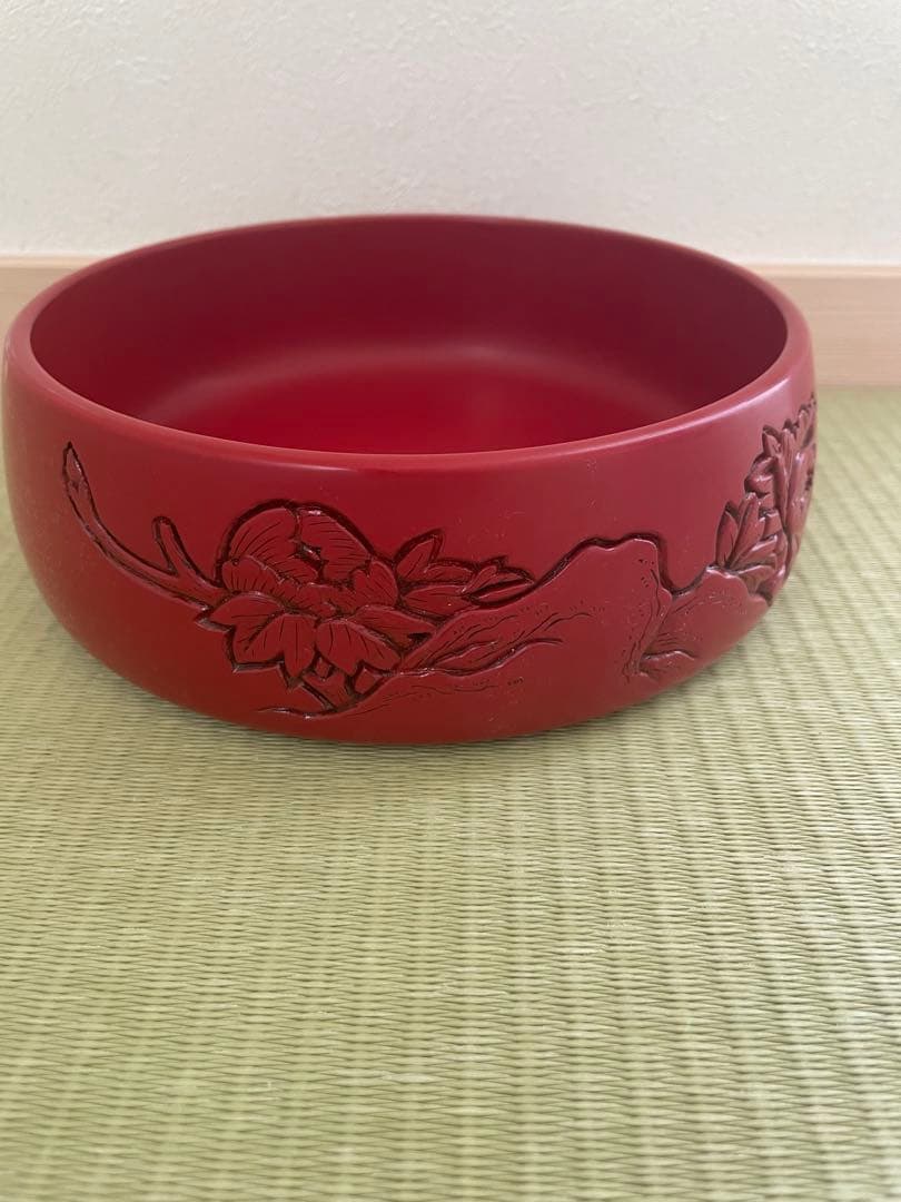 村上木彫堆朱 菓子器 蓋付 牡丹図 昭和 伝統工芸