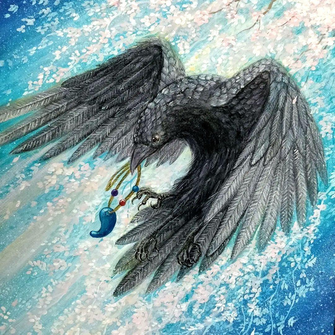 No.566 F3　八咫烏　ヤタガラス　アクリル画　開運絵画　桜　絵画