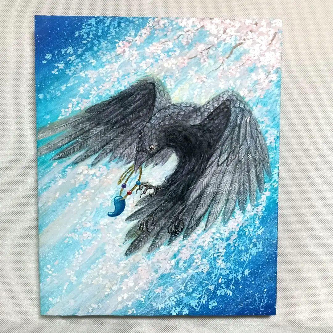 No.566 F3　八咫烏　ヤタガラス　アクリル画　開運絵画　桜　絵画