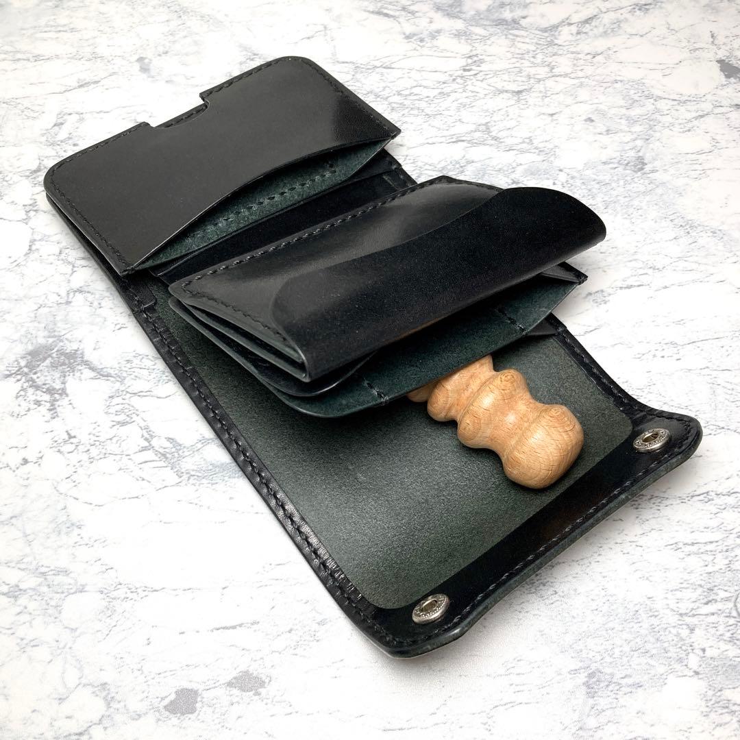 【総手縫い】栃木レザー 三つ折り財布 黒 コンパクト財布 本革 ミニ財布