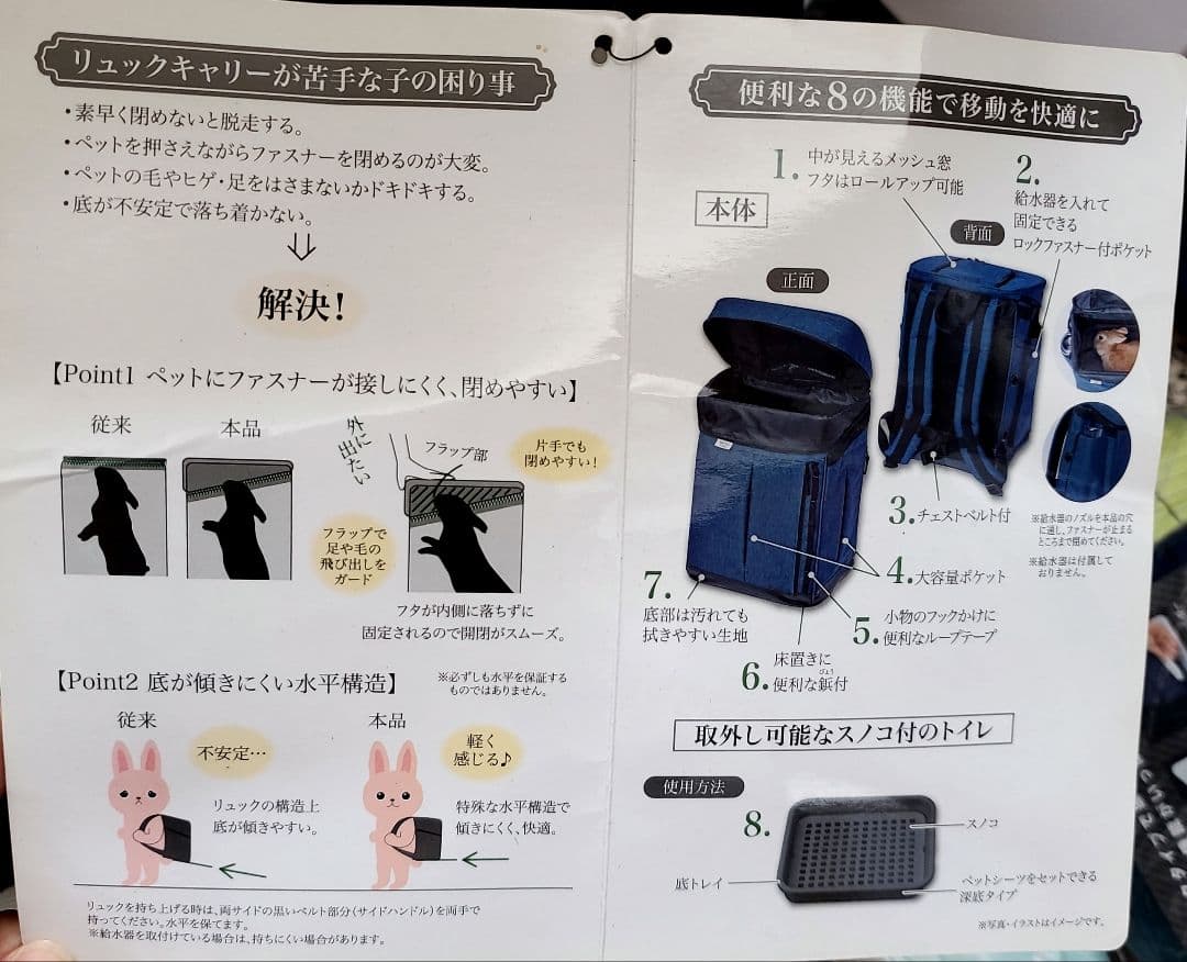 小動物用バックパックキャリー ダークブルー