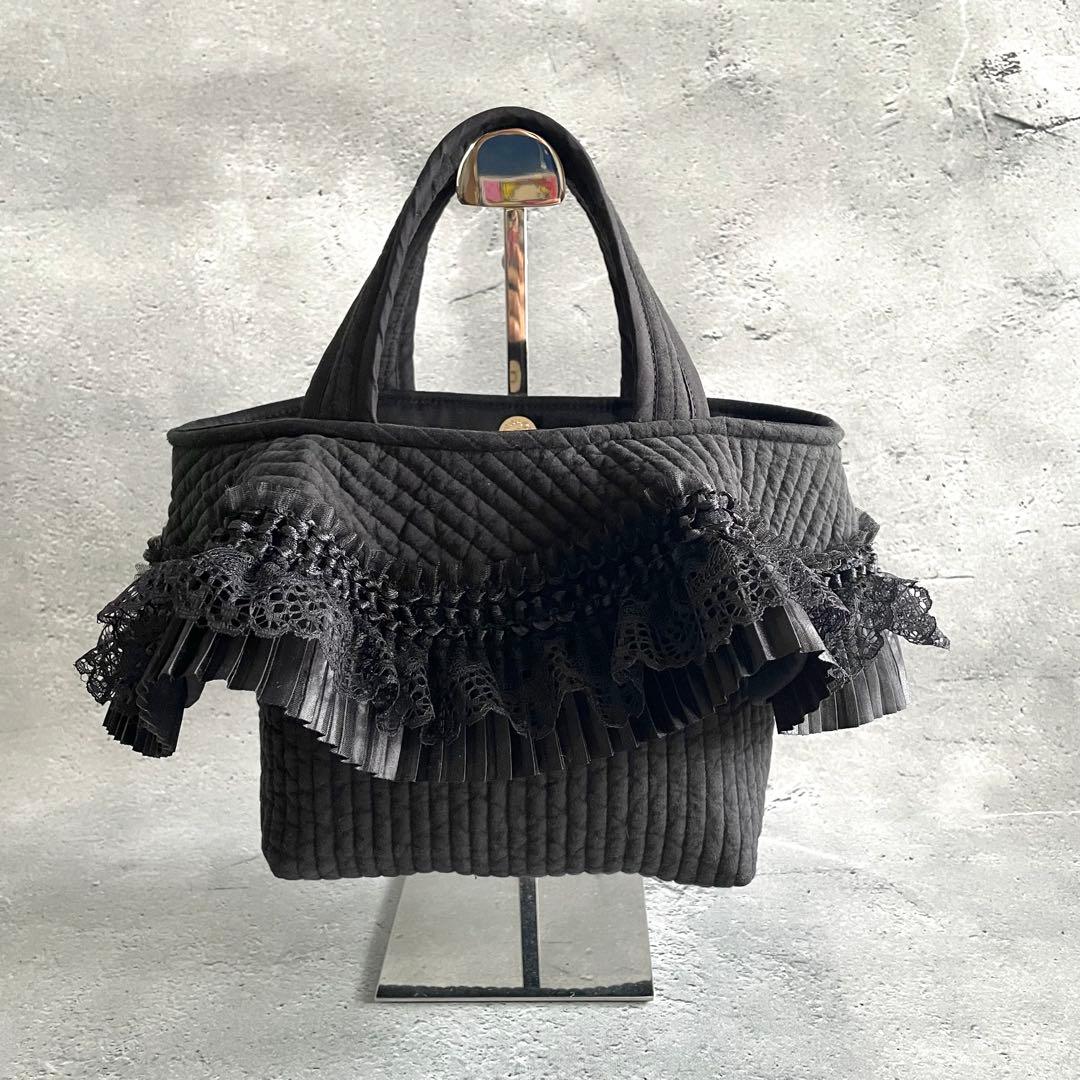 プリーツフリル付きトートバッグ（S）　ヌビバッグ　ブラック　ハンドメイド
