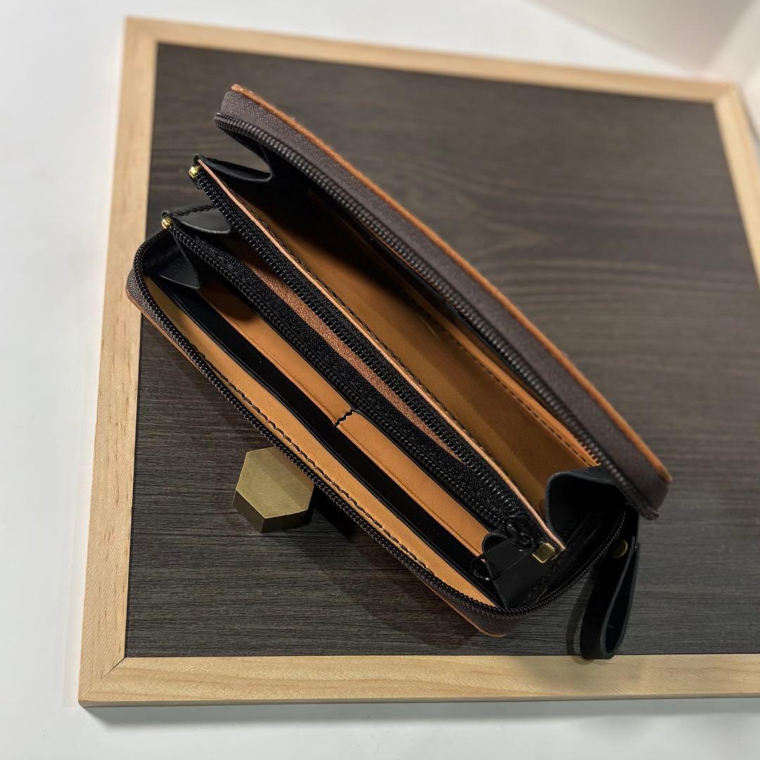 本革 ラウンドファスナー長財布 ラウンドジップ長財布 ハンドメイド キャメル 黒