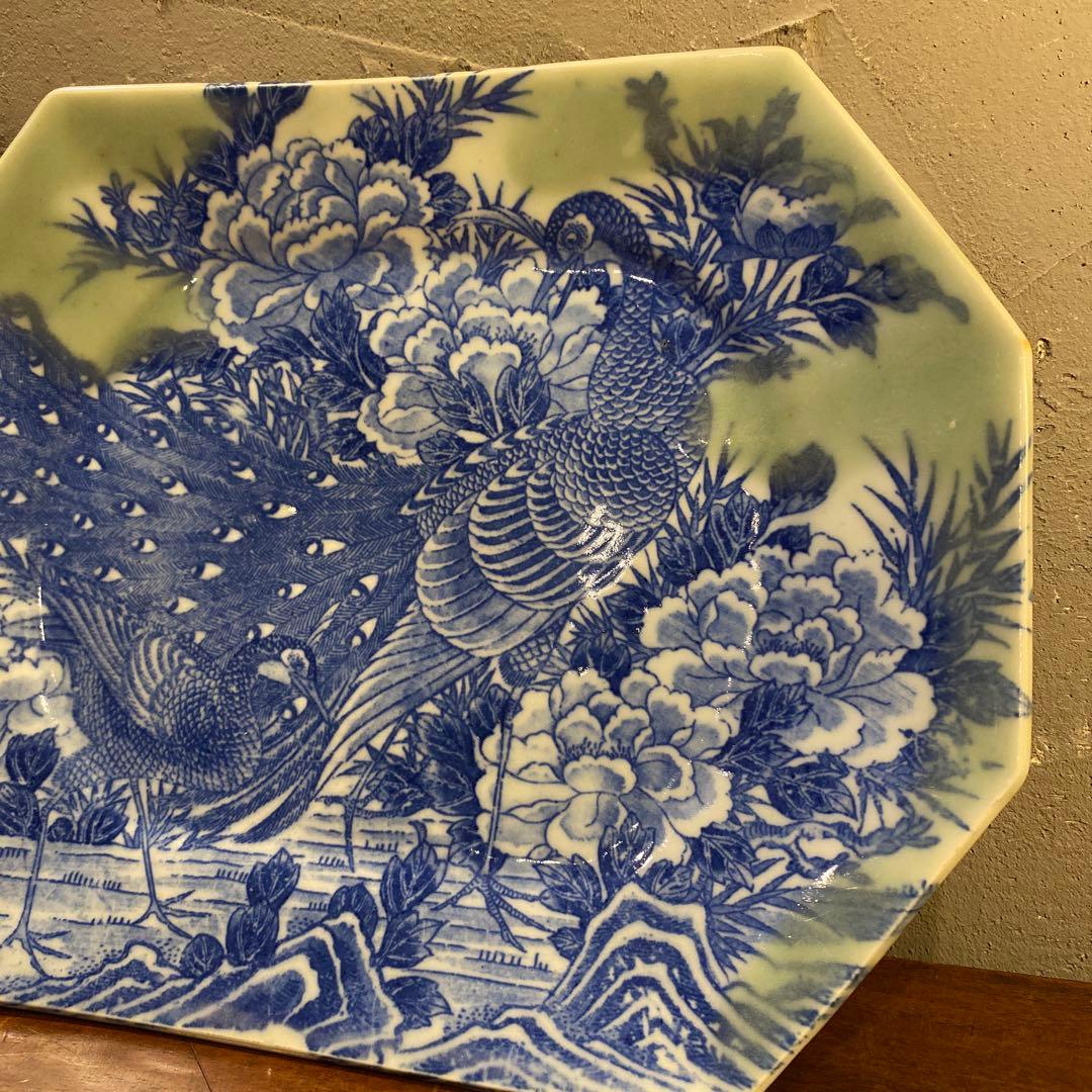 明治 時代物 古伊万里 有田焼 印判八角皿 孔雀 花鳥 骨董品