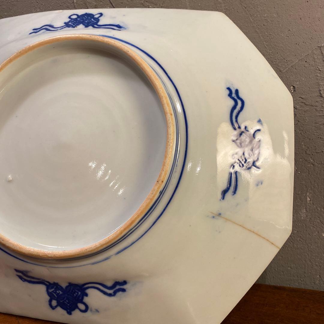 明治 時代物 古伊万里 有田焼 印判八角皿 孔雀 花鳥 骨董品