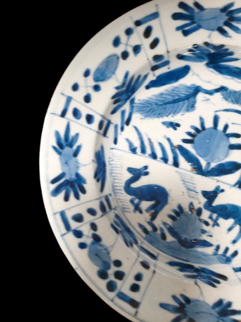 中国古玩 明代芙蓉手鹿図染付皿