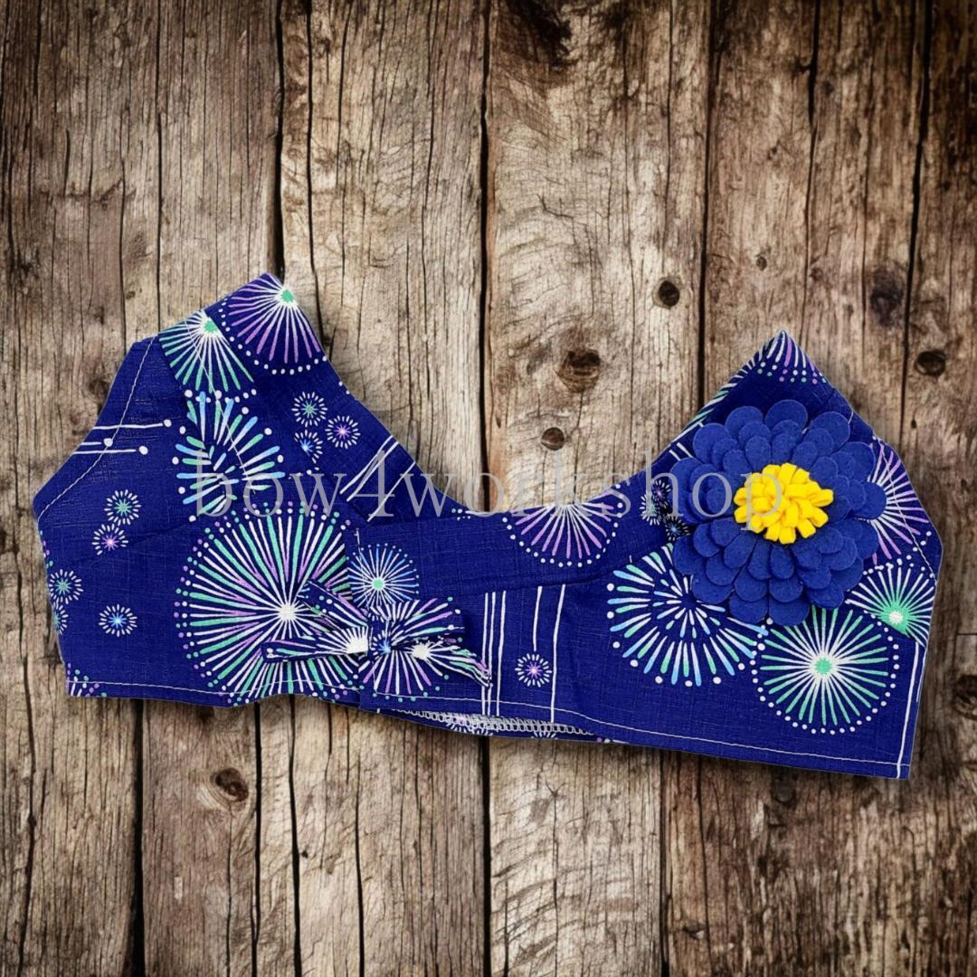 ラボットの服ハンドメイド　花火柄甚平+お花コサージュセット （ブルー）