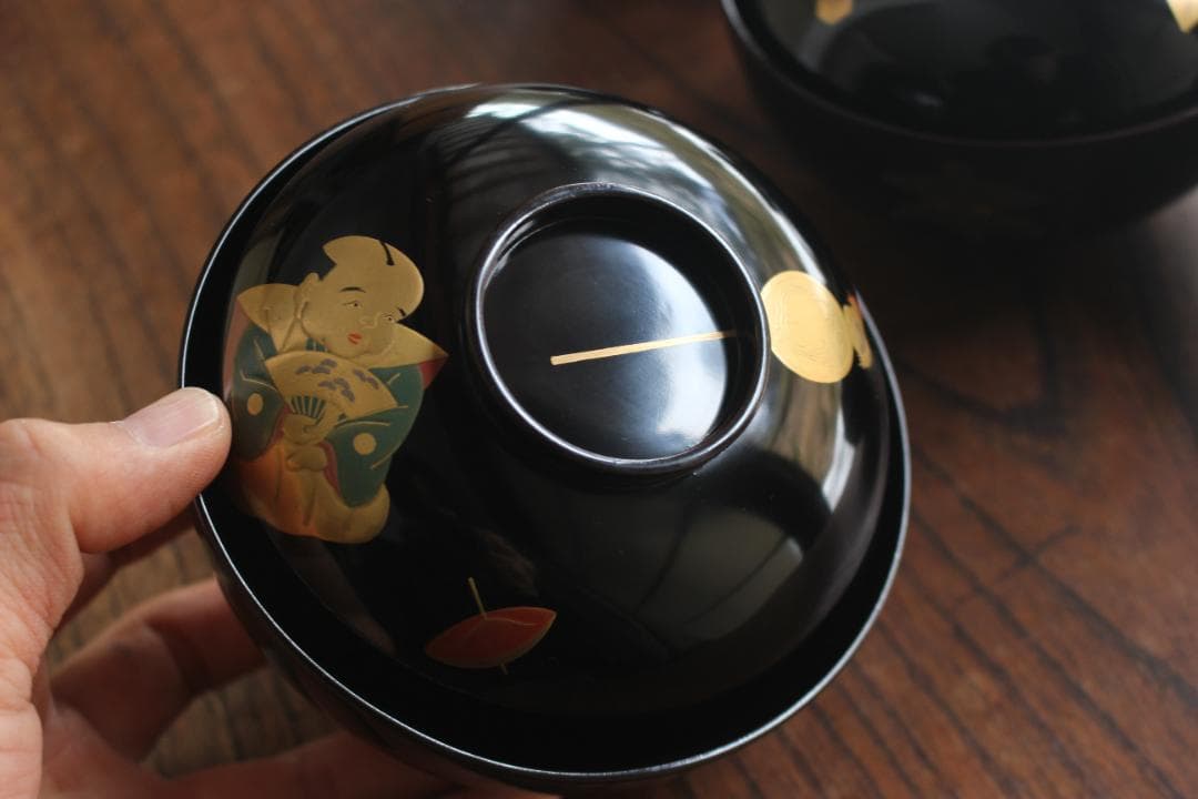 時代逸品！時代黒漆に極上風物蒔絵の映えるお椀4点（検蒔絵椀懐石椀節句蒔絵