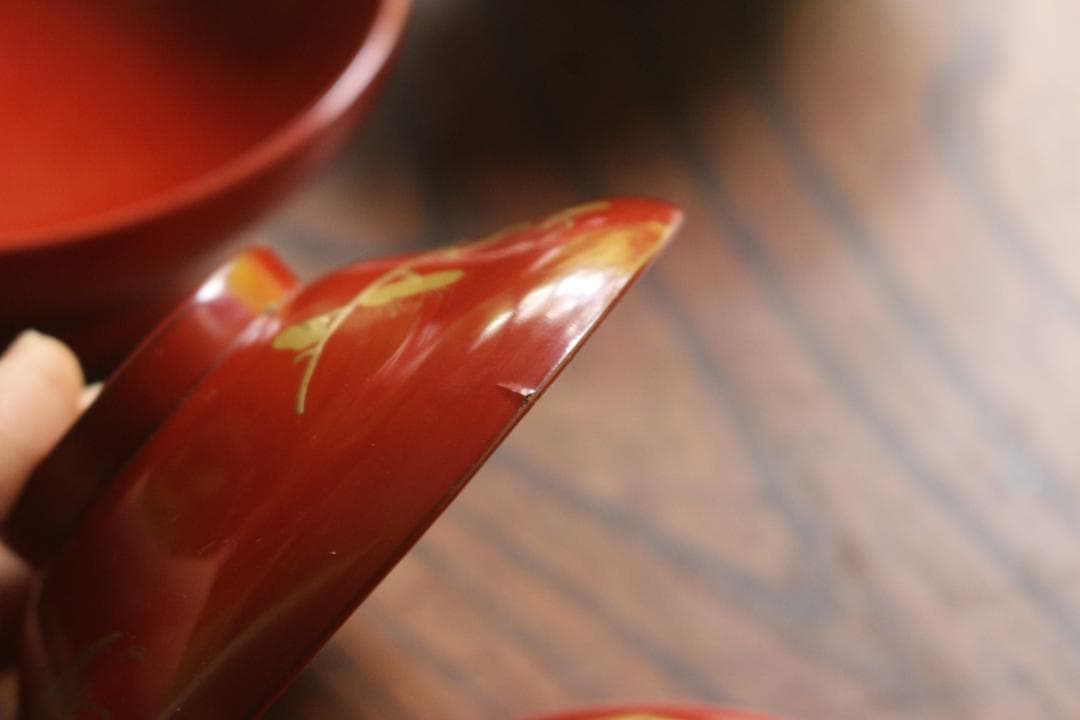 時代朱漆に優美な絵替風物蒔絵の映えるお椀7点（検輪島塗蒔絵椀