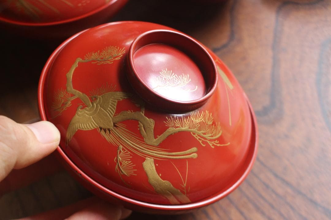 時代朱漆に優美な絵替風物蒔絵の映えるお椀7点（検輪島塗蒔絵椀