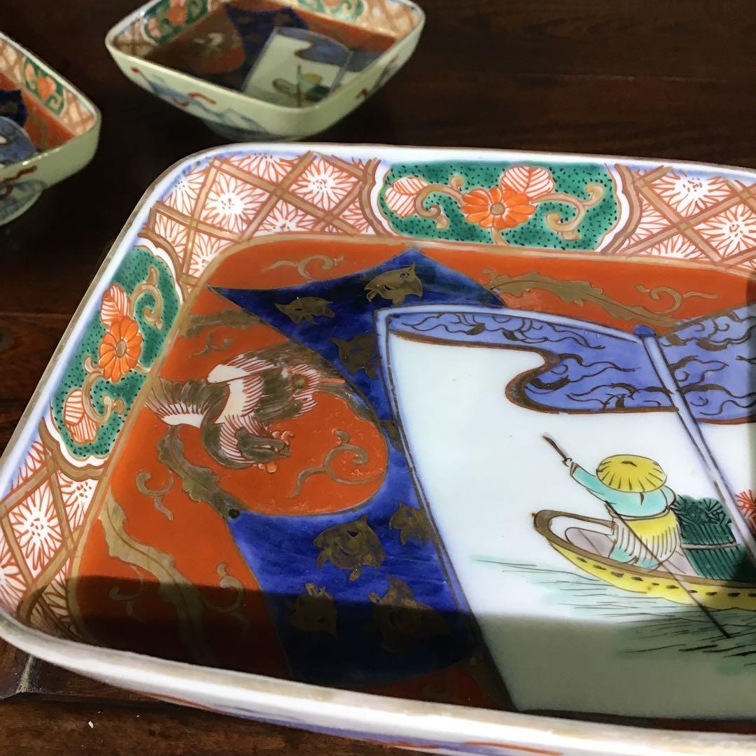 古伊万里　色絵角皿　櫛高台　江戸期　5客　完品