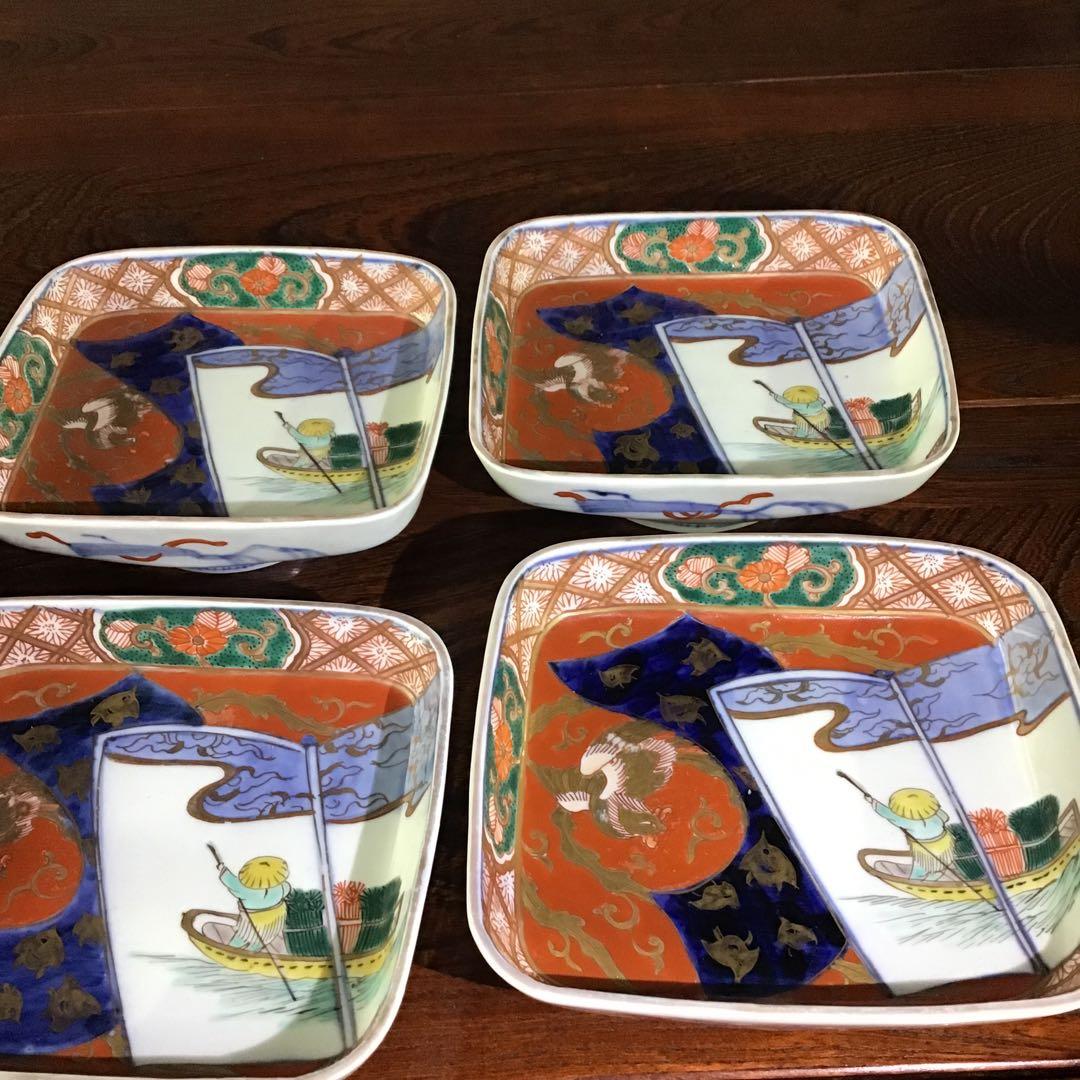 古伊万里　色絵角皿　櫛高台　江戸期　5客　完品