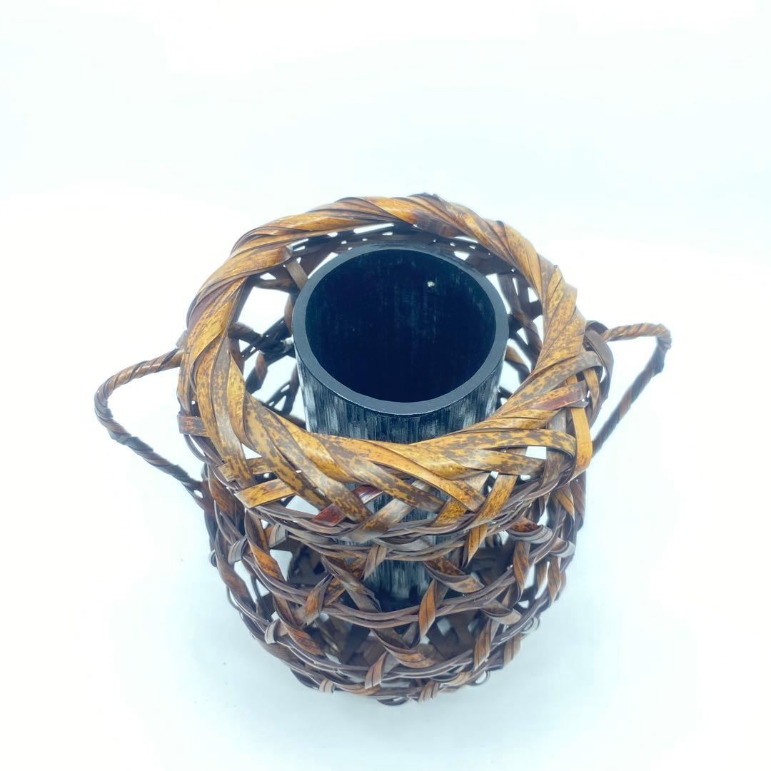 竹編み 掛花入 花籠 竹筒落とし付 共箱 茶道具 高さ20cm