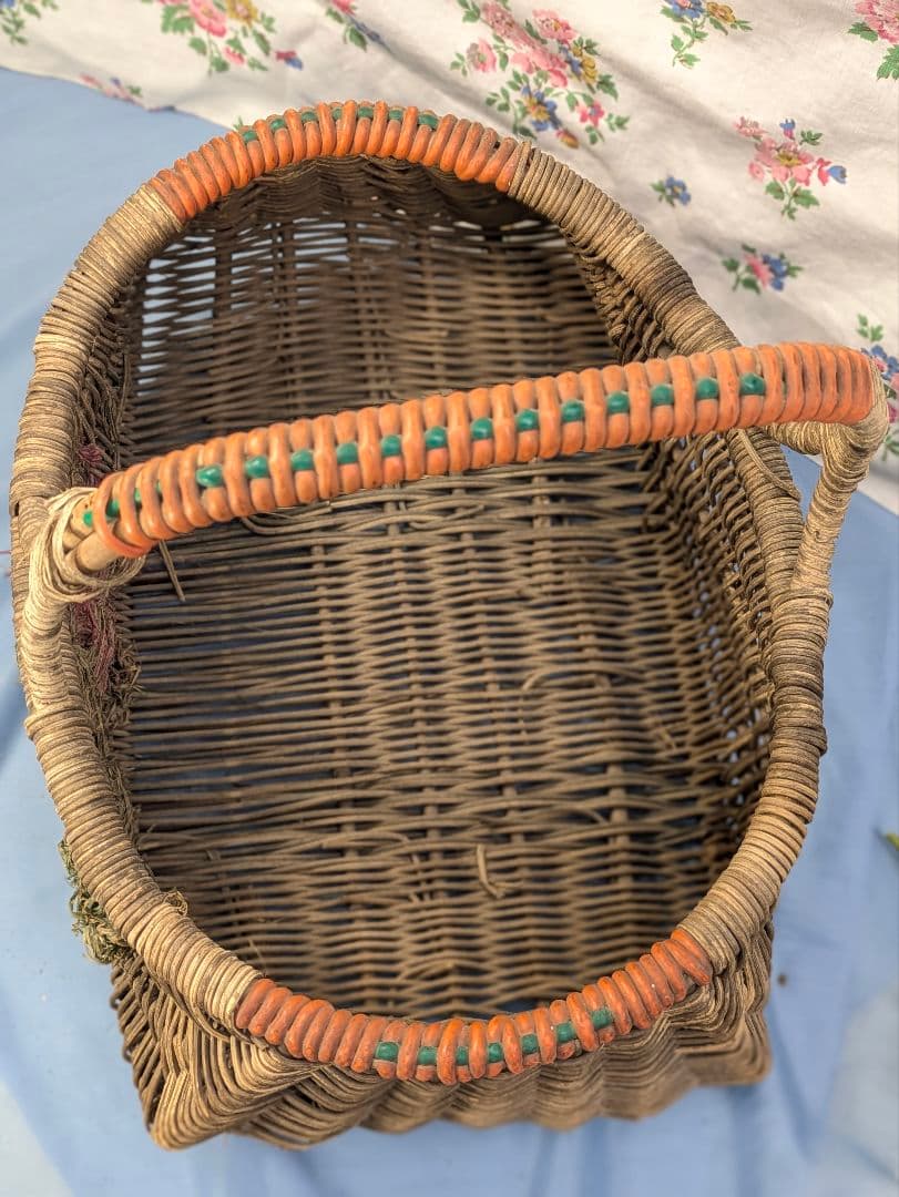イギリス アンティーク ハンドメイド バスケット 花柄