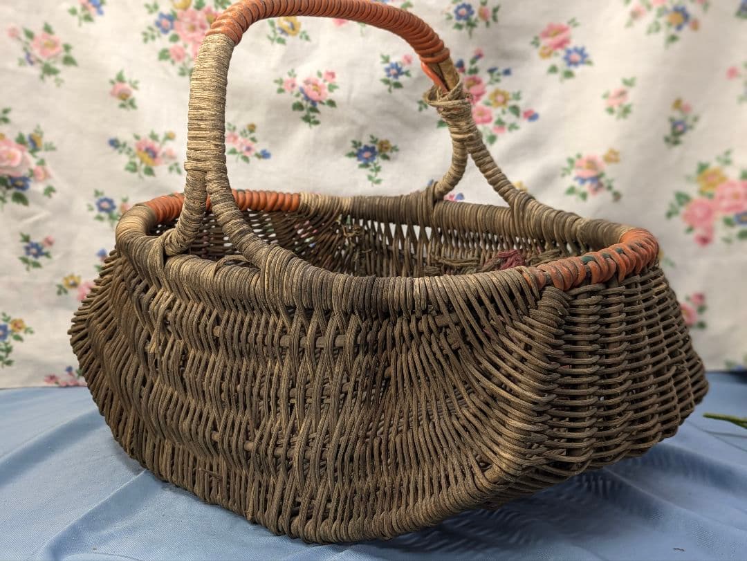 イギリス アンティーク ハンドメイド バスケット 花柄