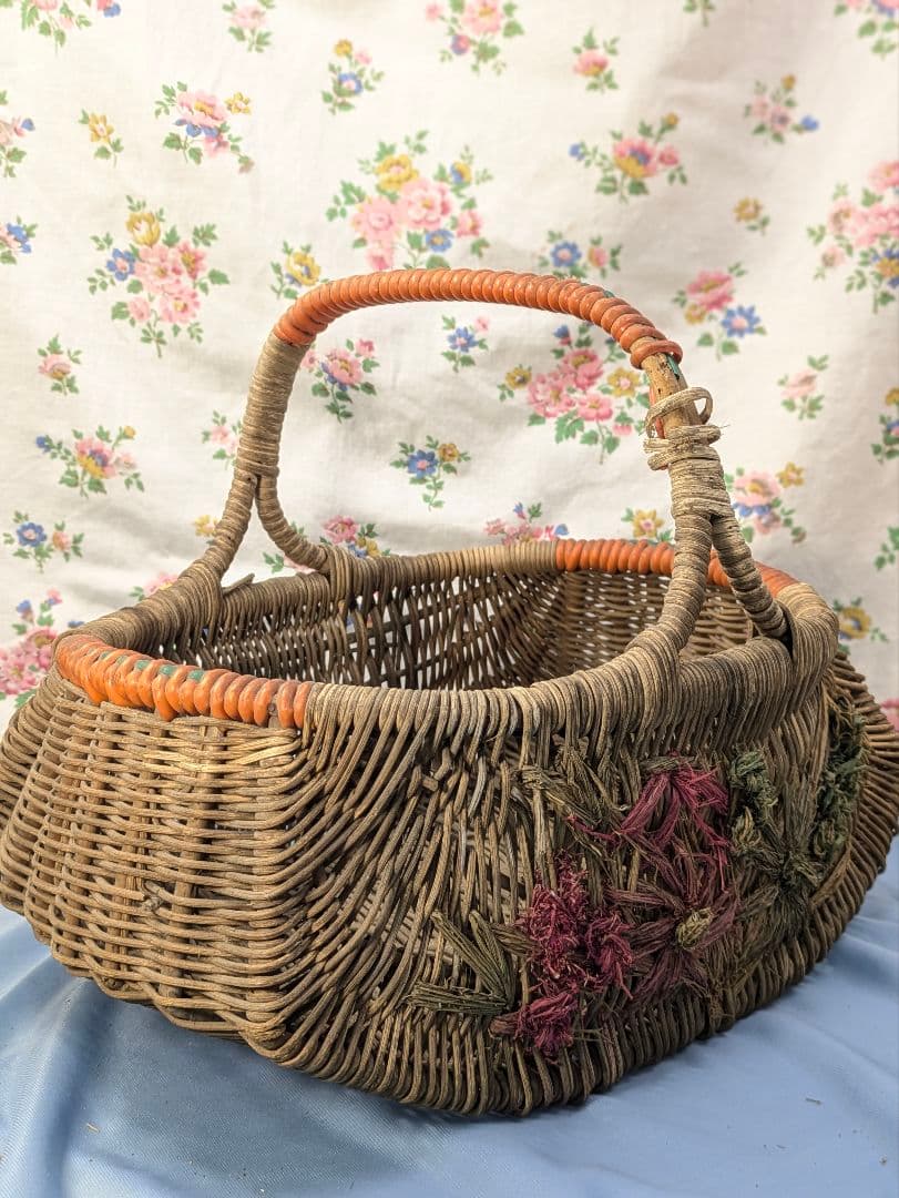 イギリス アンティーク ハンドメイド バスケット 花柄