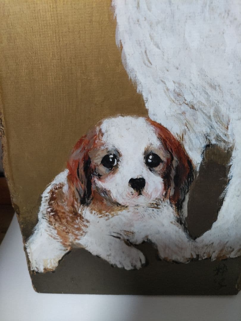 栗材に描かれたキャバリアの親子絵画 白濱信明作