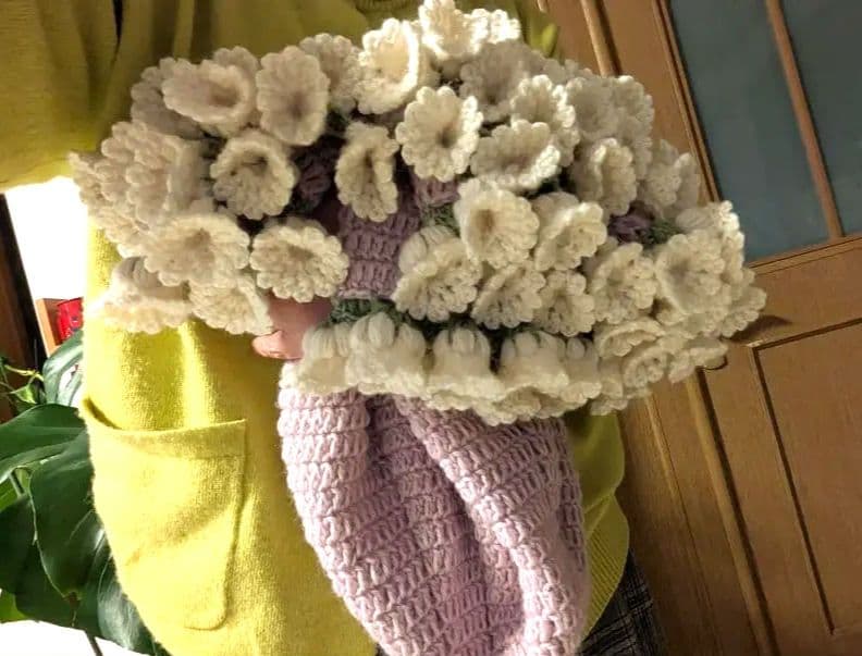 手編みブーケブランケット大判90cmすずらん プレミアムウール使用