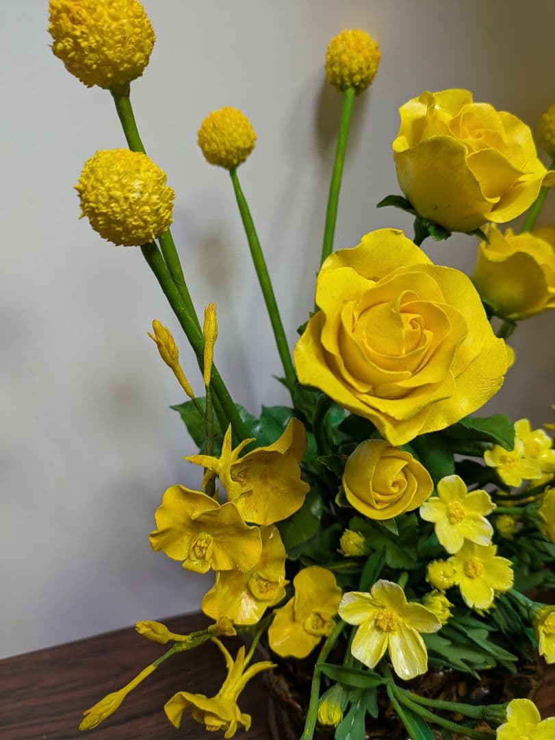 パンフラワー、黄色の花の寄植え・カラーの2点(樹脂粘土、ハンドメイド)
