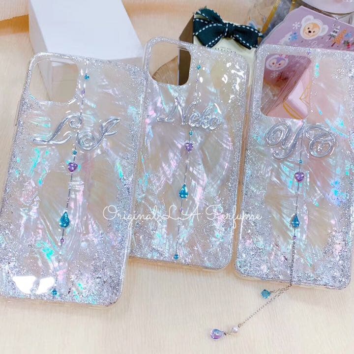 名入れ♡キラキラシェル✨ラメ✨ドロップハートチャームホワイト系♡iPhone