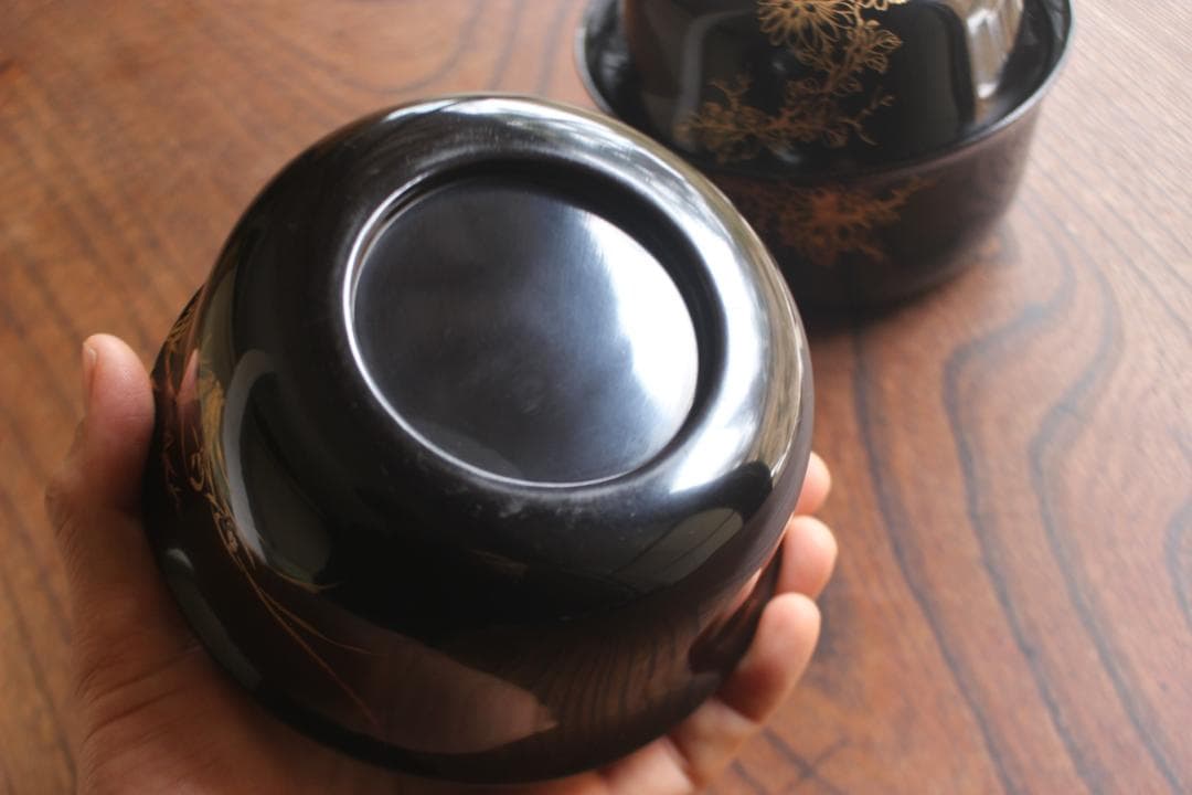 時代逸品！端正な時代黒漆に極上菊蘭蒔絵の映える四つ椀（検懐石道具蒔絵椀茶道具