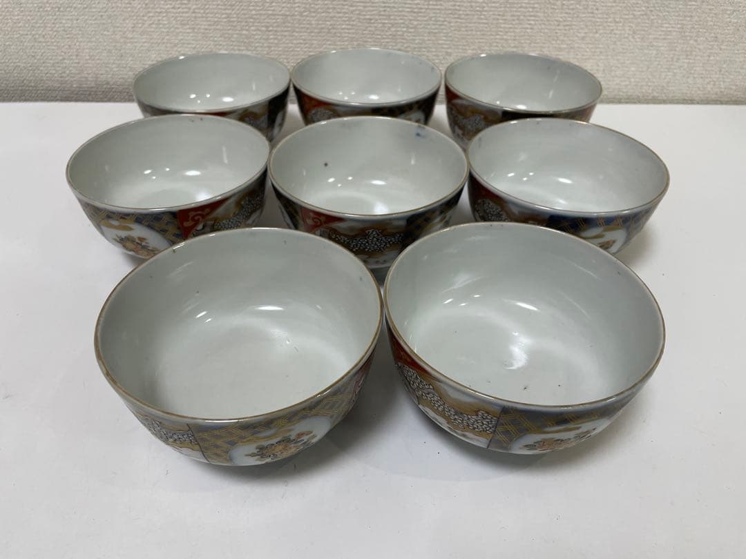 【現状品】古伊万里 陶器 蓋付茶碗 煮付椀 赤絵 金彩 菊柄 割烹 懐石 8個