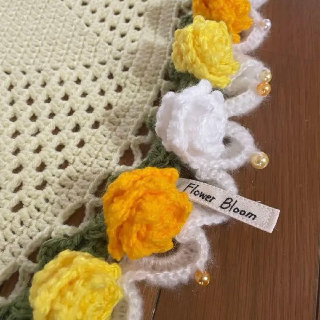 枯れない花束ブランケット　黄色　オレンジ　白　バラ　手編み　ハンドメイド　一点物