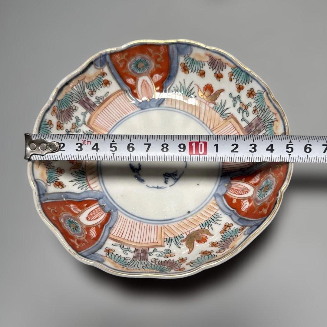 古伊万里　色絵花鳥図輪花形膾皿　松竹梅　裏巻物文様　江戸期　金蘭手　最後の五点
