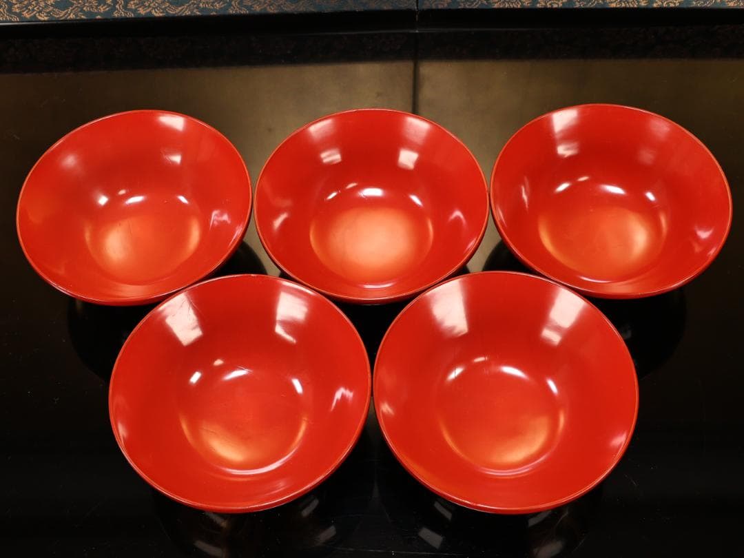 BK509　時代輪島塗　松鶴蒔絵　吸物椀　五客　木製　茶道具 懐石 菓子