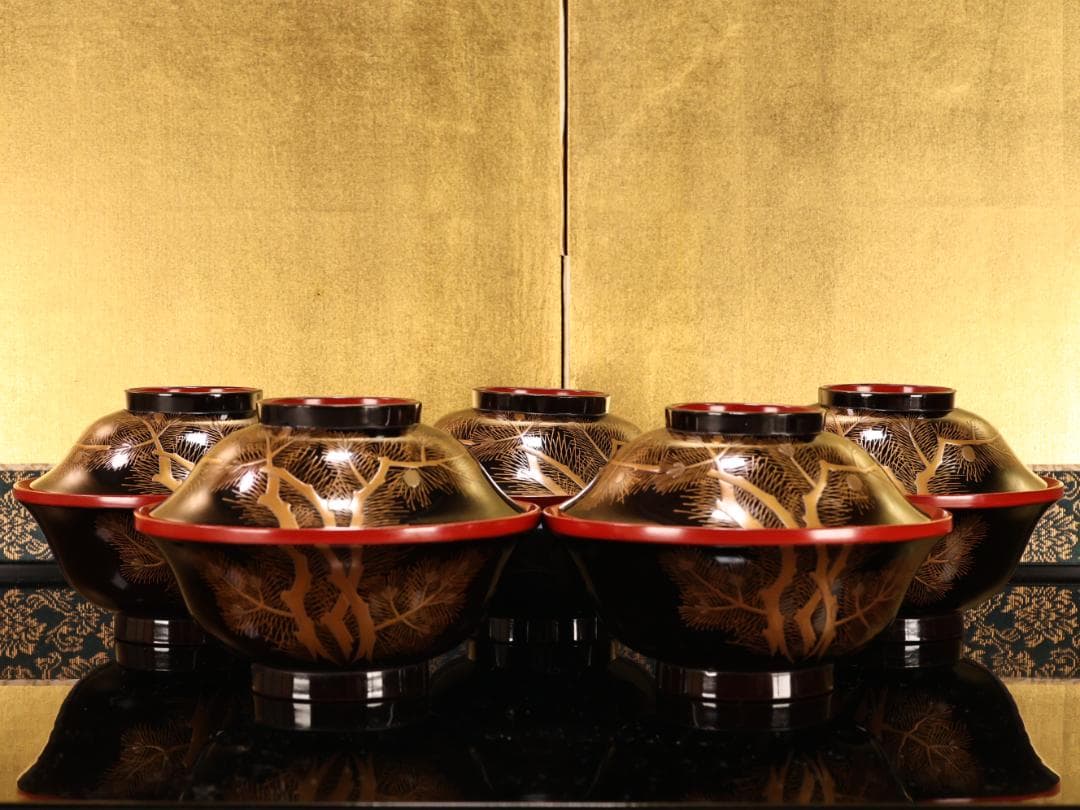 BK509　時代輪島塗　松鶴蒔絵　吸物椀　五客　木製　茶道具 懐石 菓子