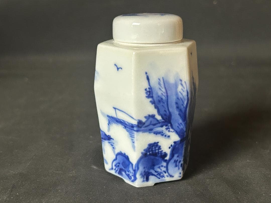 平安 龍岳造 染付 山水図 茶器揃い 7点 短冊箱-共箱 茶道具 86