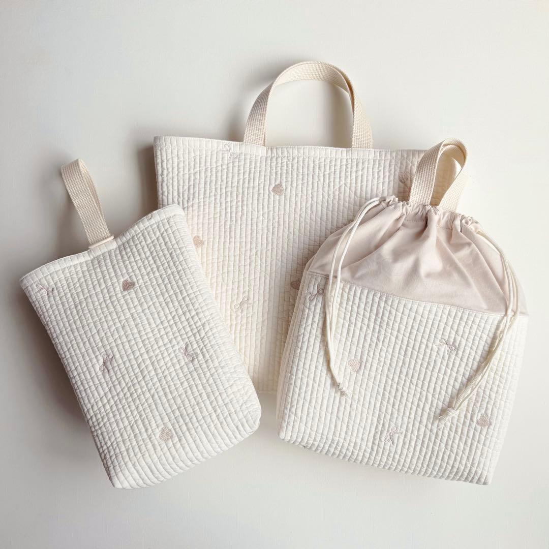 ヌビ　入園入学　3点セット　ハート　リボン　刺繍　女の子　キルティング