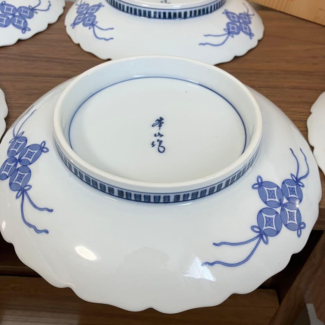 伊万里　輪花　七寸皿　赤絵松竹梅図　鍋島　柿右衛門様式　峯山作　櫛高台　5枚
